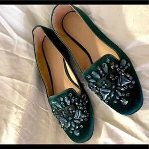NEW Tory Burch Delphine satin and crystal loafers in dark green with metal badge